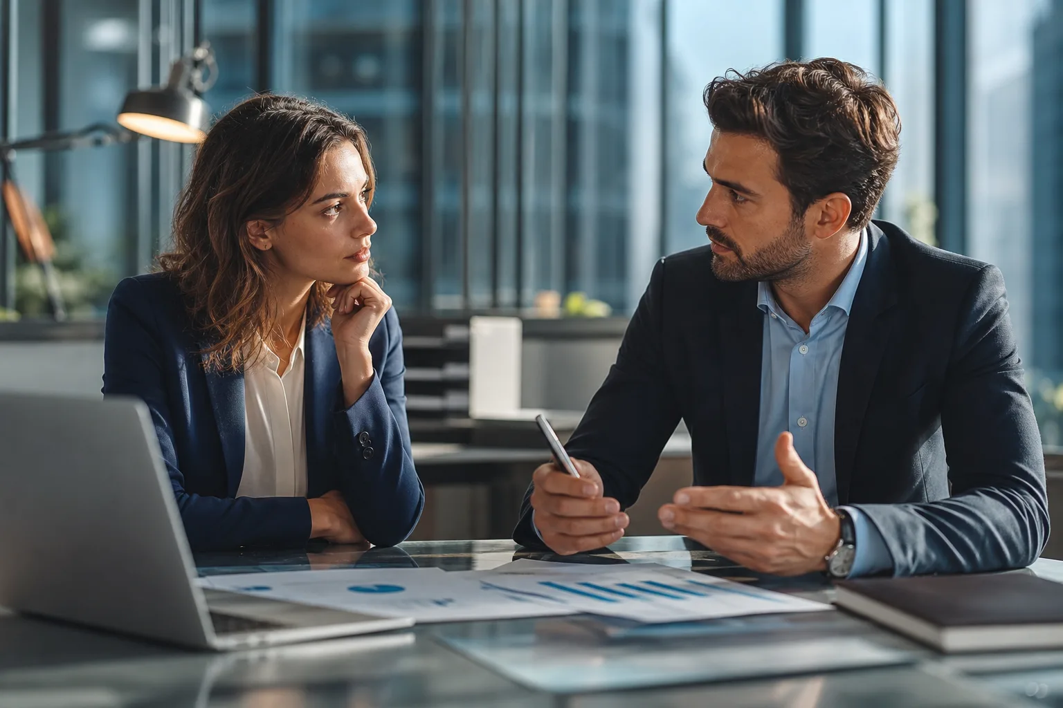 Conseiller et créatrice d'entreprise comparant deux options de financement sur des documents chiffrés, dans un bureau moderne.