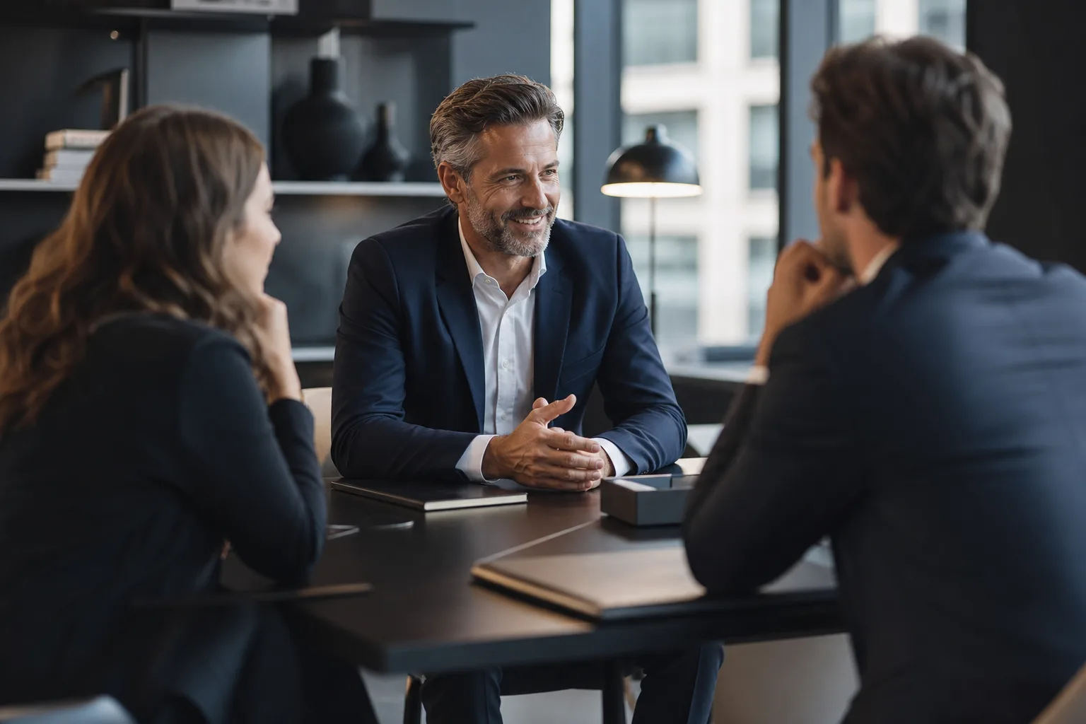 Un dirigeant de PME discute avec un conseiller en assurance dans un bureau, documents et graphiques sur la table.