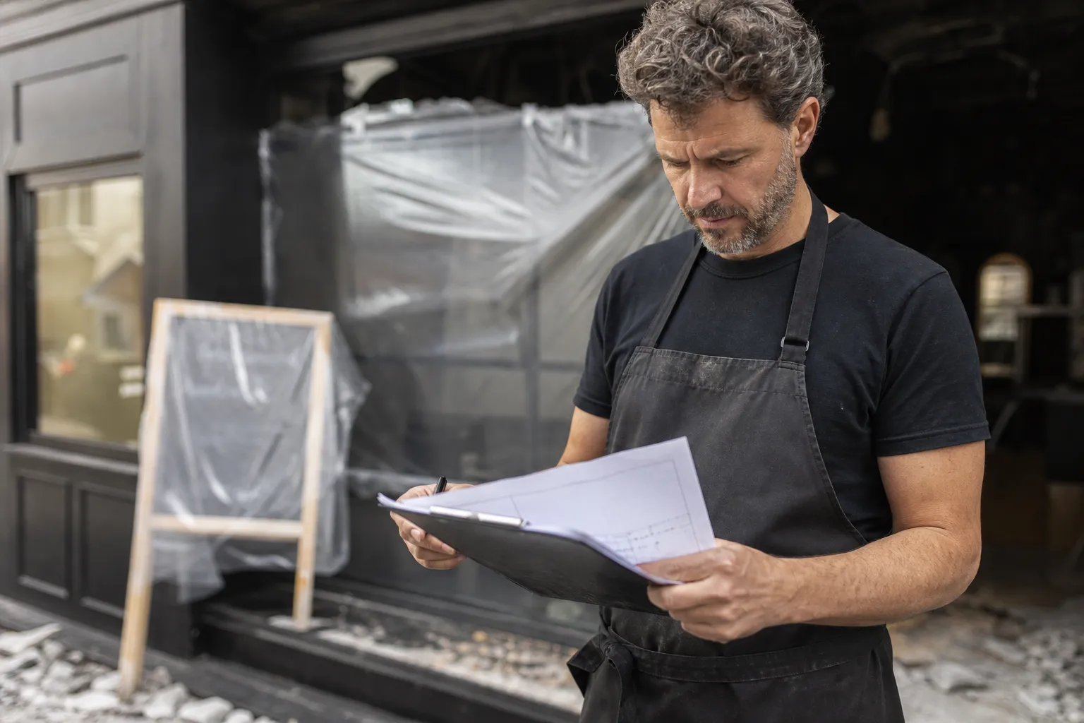 Un commerçant constate les dégâts dans sa boutique fermée après un sinistre, dossier d'assurance à la main.