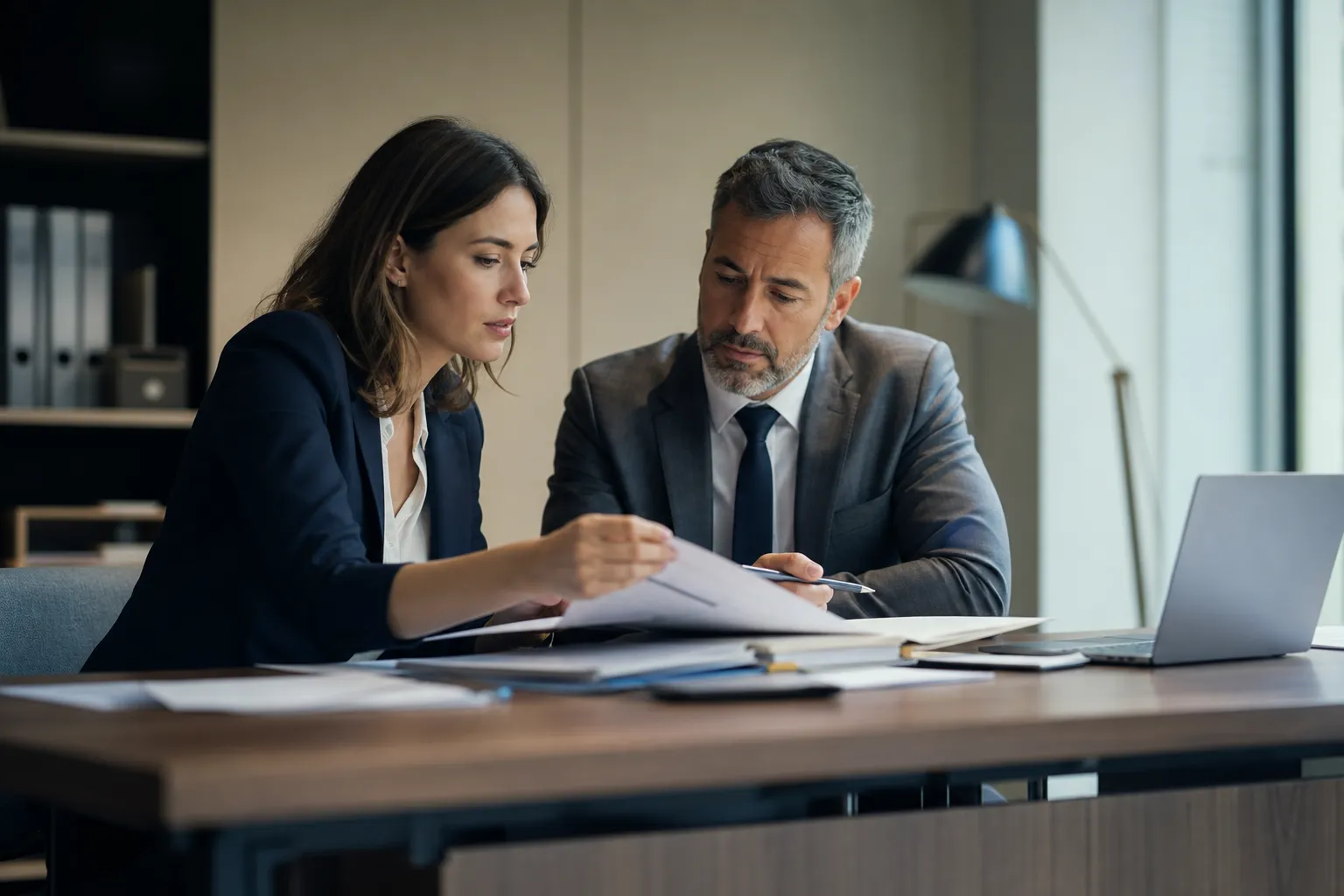 Un chef d'entreprise vérifie les documents administratifs d'un sous-traitant avant la signature d'un contrat de prestation.