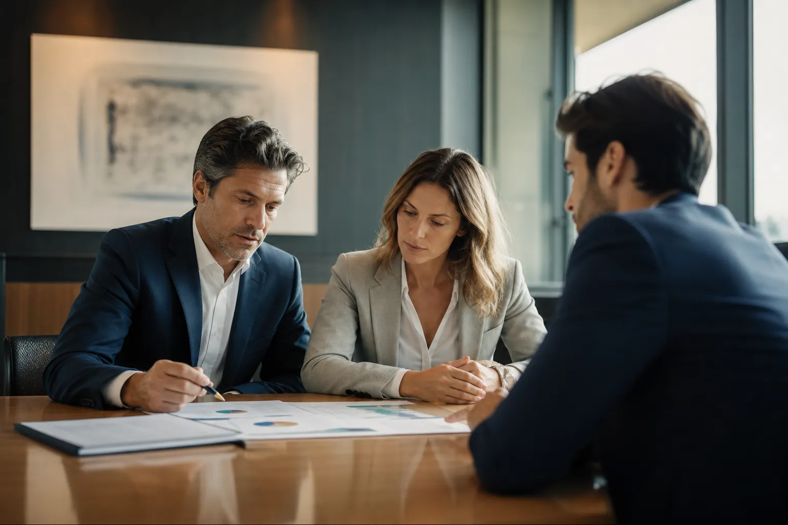 Des associés d'entreprise signent des documents juridiques autour d'une table de réunion.