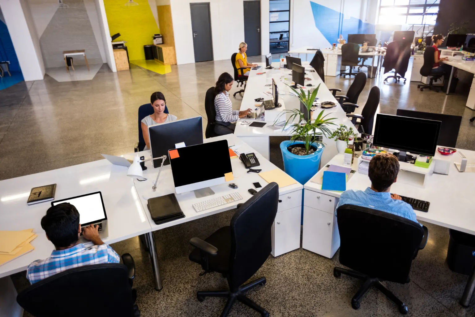 Équipe d’une entreprise en croissance travaillant dans un espace de coworking lumineux avec salles de réunion partagées.