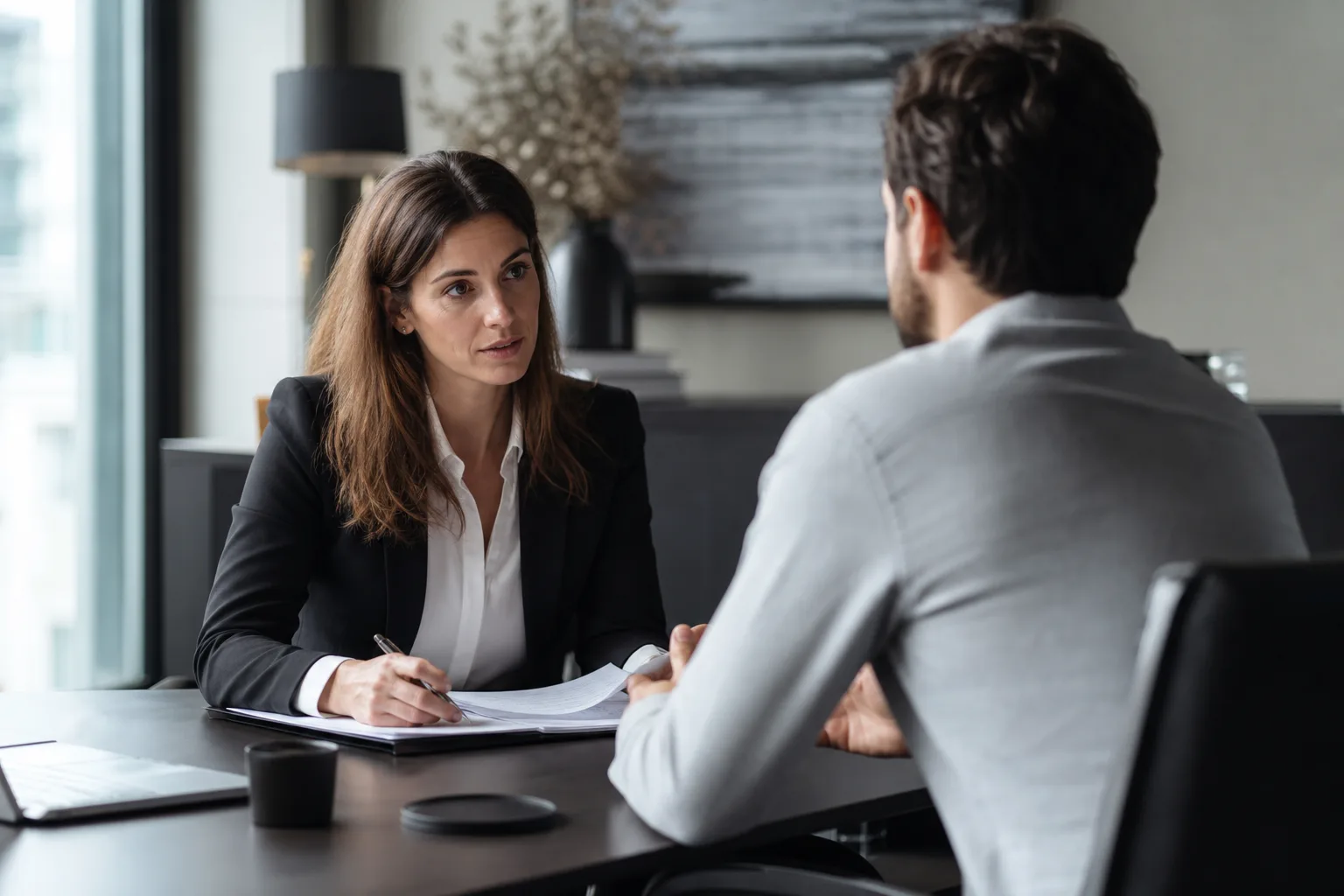Un dirigeant de PME consulte des documents RH avec sérieux dans un bureau sobre.