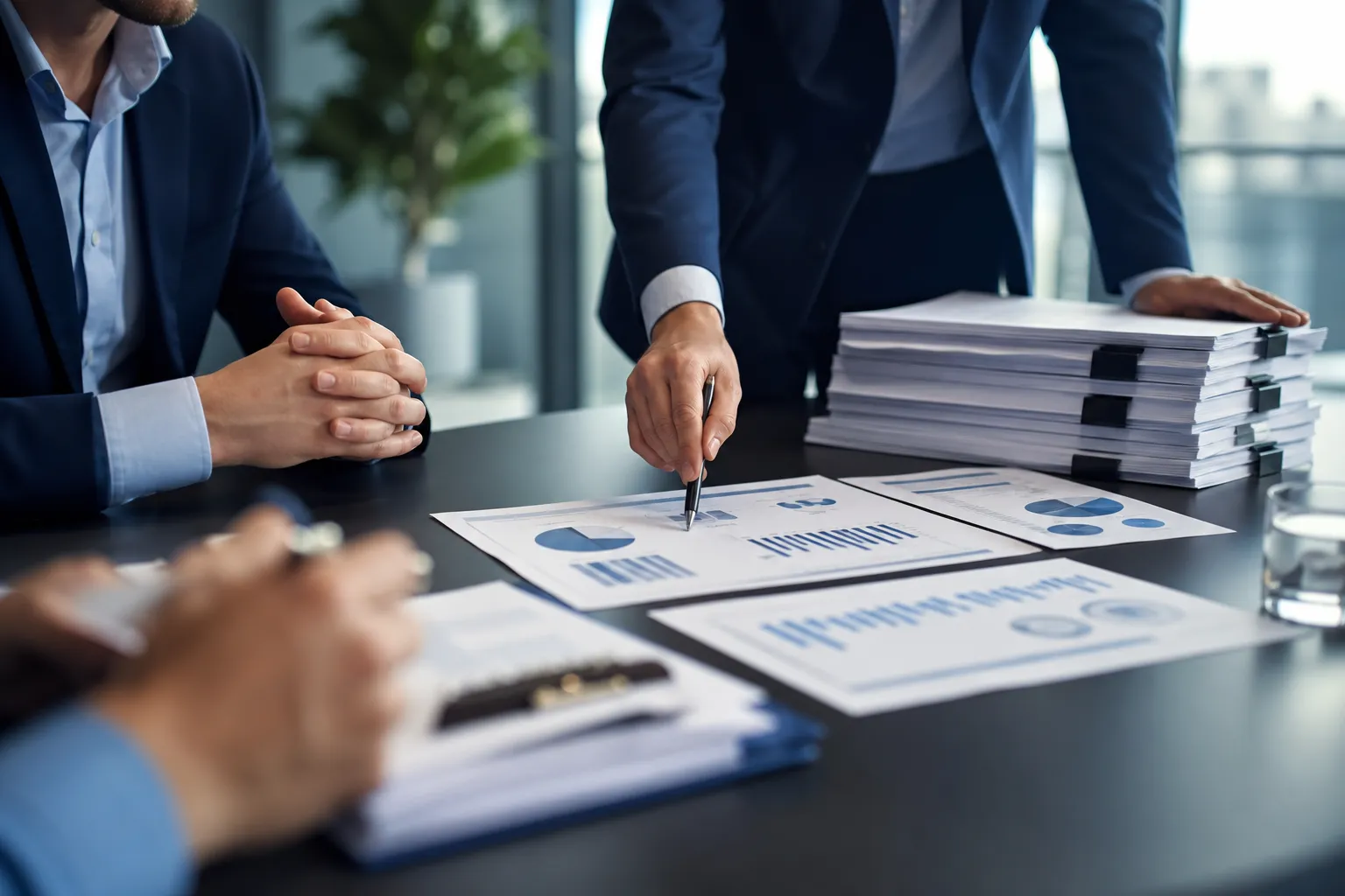 Une dirigeante d'entreprise étudie des tableaux de trésorerie et de stocks sur un ordinateur portable, calculatrice à côté.