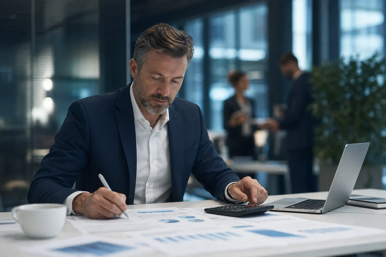 Un dirigeant analyse des courbes financières et un tableau de calcul sur un ordinateur portable, dans un bureau lumineux.