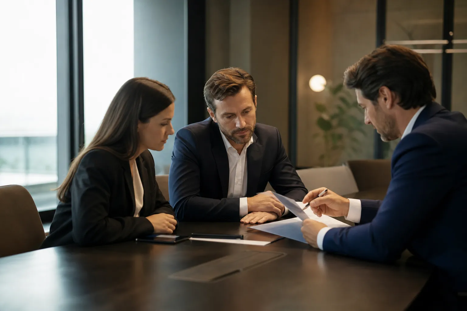 Deux associés de SAS signent un acte de cession d'actions autour d'une table de réunion sobre et moderne.