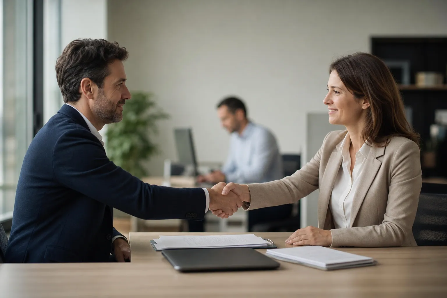 Un dirigeant de TPE signe un document face à un expert-comptable dans un bureau lumineux.