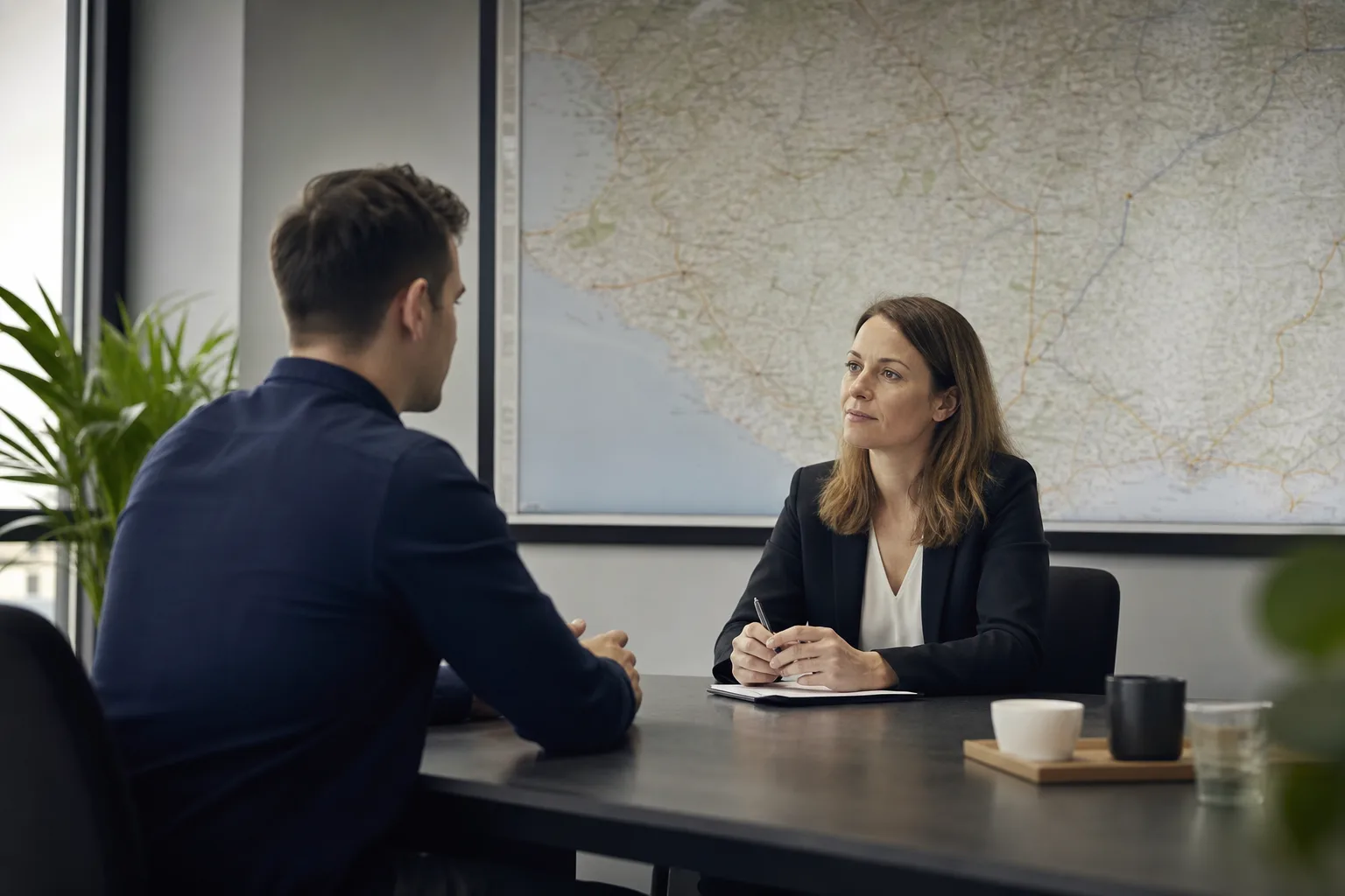 Salarié et responsable des ressources humaines discutant d'un changement de lieu de travail devant une carte régionale affichée au mur.