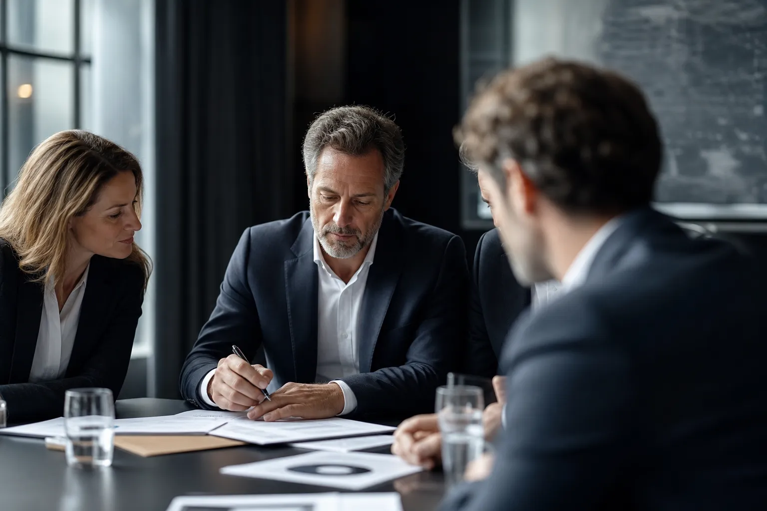Cédant et repreneur discutant autour d'une table de réunion, graphiques de performance et documents financiers étalés devant eux.