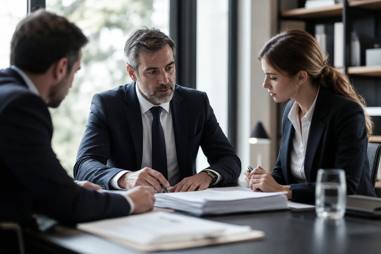 Dirigeant de TPE et son expert-comptable examinant des documents comptables et un ordinateur portable dans un bureau lumineux.