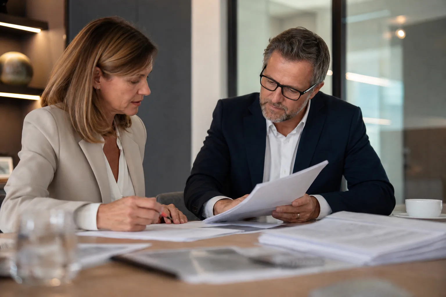 Dirigeante de PME et son expert-comptable examinant des bulletins de paie et des états de cotisations sociales dans un bureau clair.