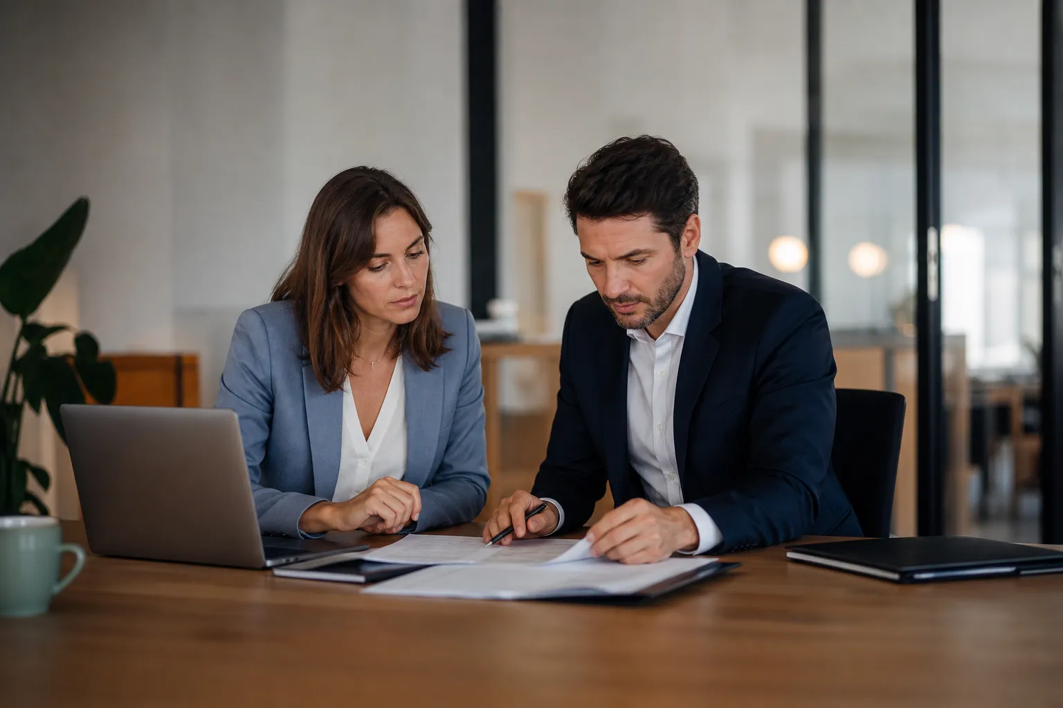 Un dirigeant de PME consulte un texte de convention collective et des documents RH à son bureau.