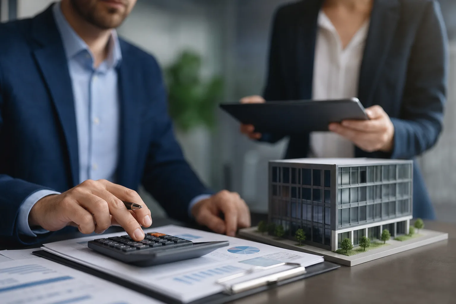 Deux professionnels calculent le montant d'une cotisation liée à un local d'entreprise, maquette de bâtiment et documents sur le bureau.