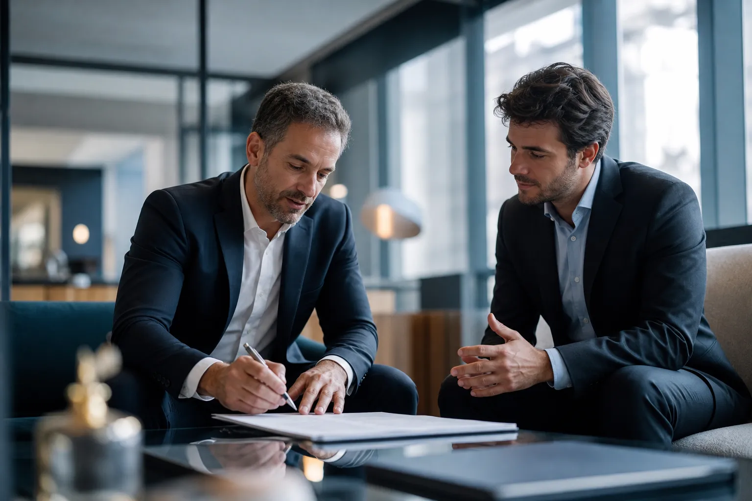 Le cédant et le repreneur d'une entreprise signent un acte de cession avec leur conseil, autour d'une table de réunion.