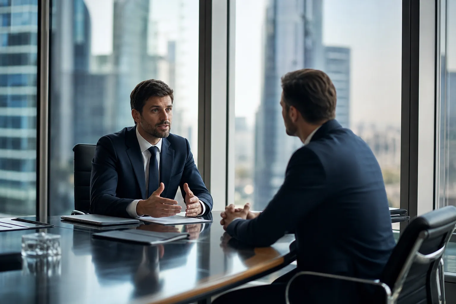 Un dirigeant présente un organigramme de groupe avec une société holding à ses conseils financiers dans une salle de réunion.