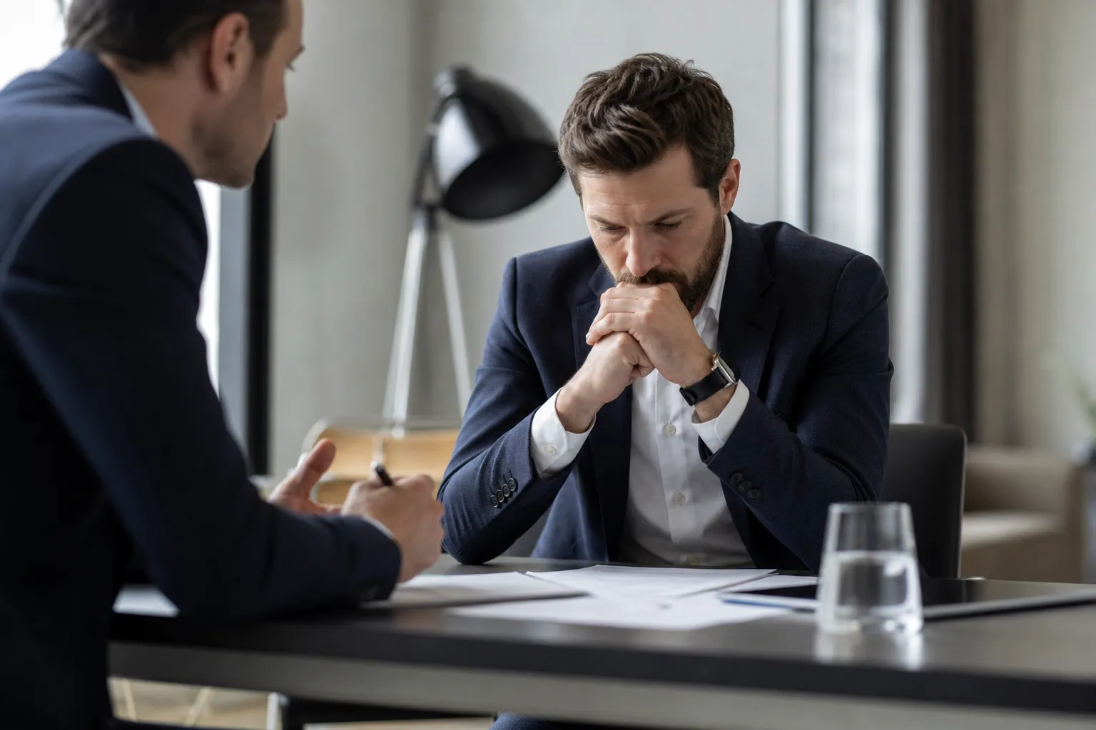 Un dirigeant d'entreprise consulte des documents financiers avec un conseil dans un bureau sobre.