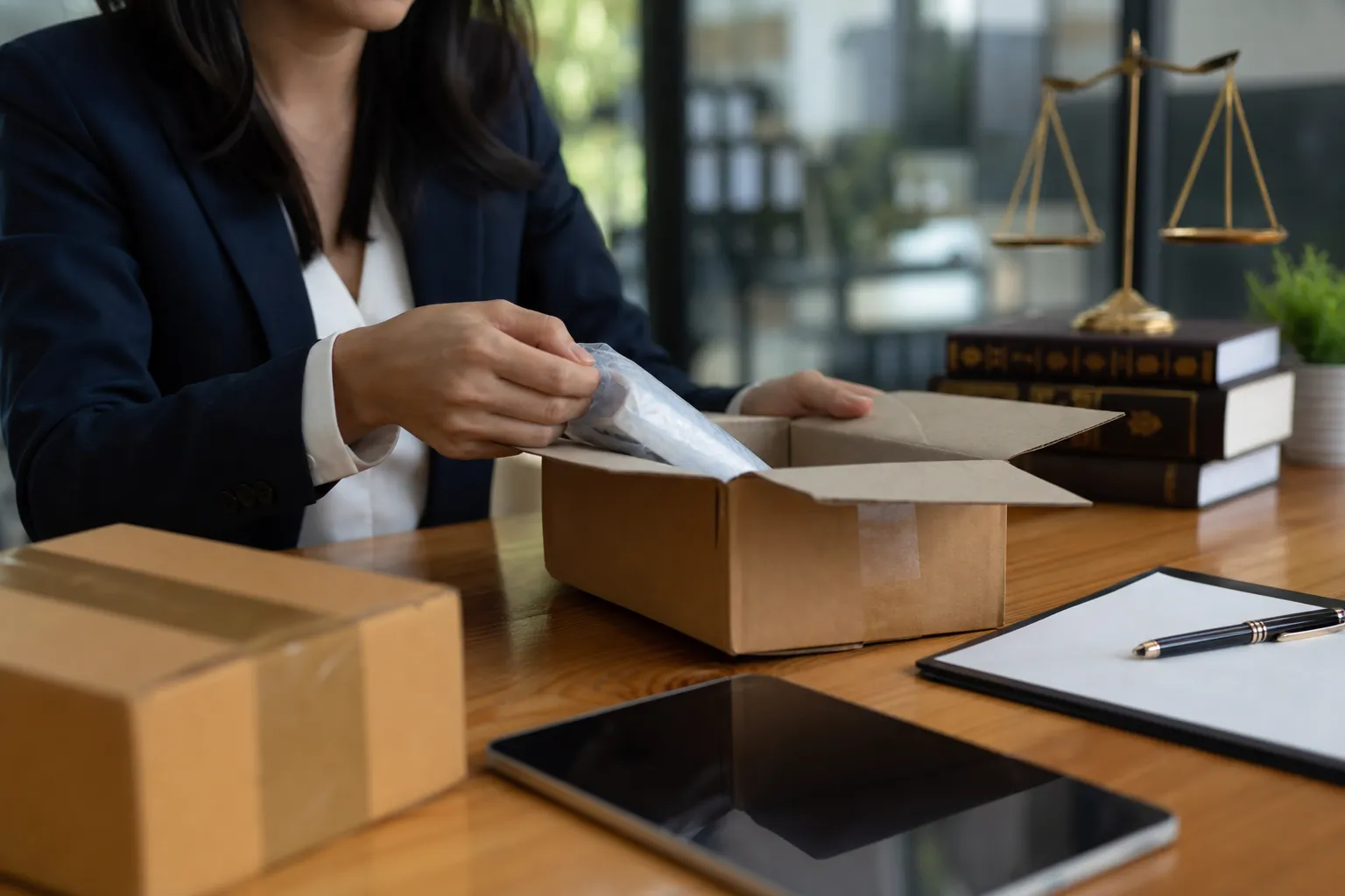 Une commerçante prépare le retour d'un colis e-commerce et vérifie le formulaire de rétractation sur son ordinateur.