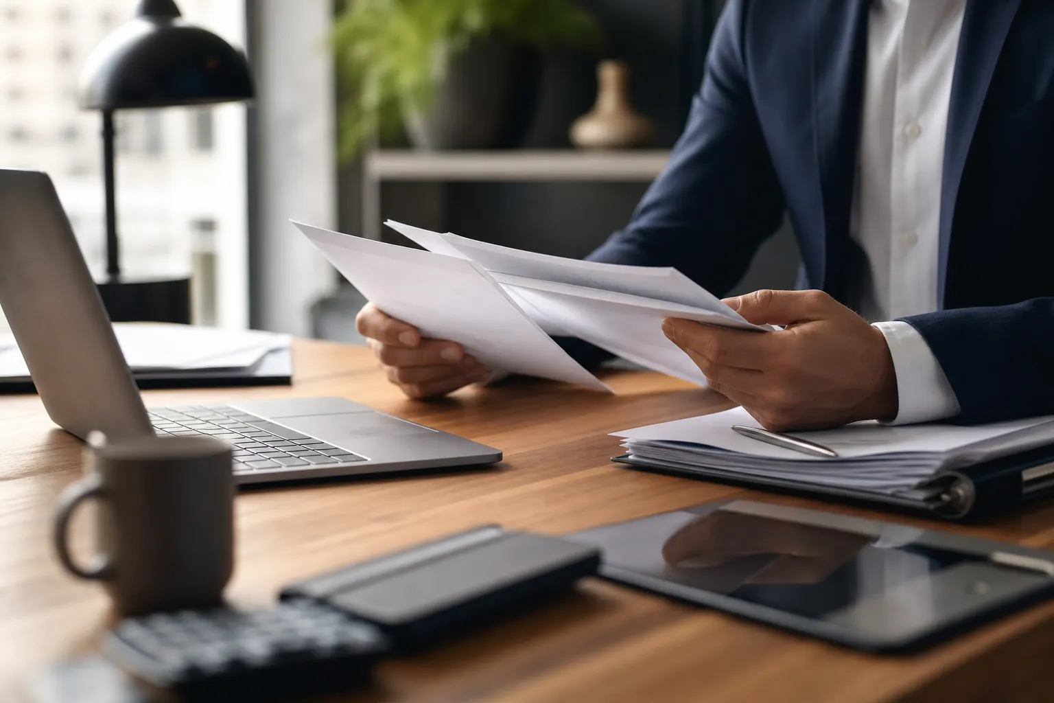 Une dirigeante d'entreprise consulte des factures et un relevé de compte sur son bureau, calculatrice à la main.