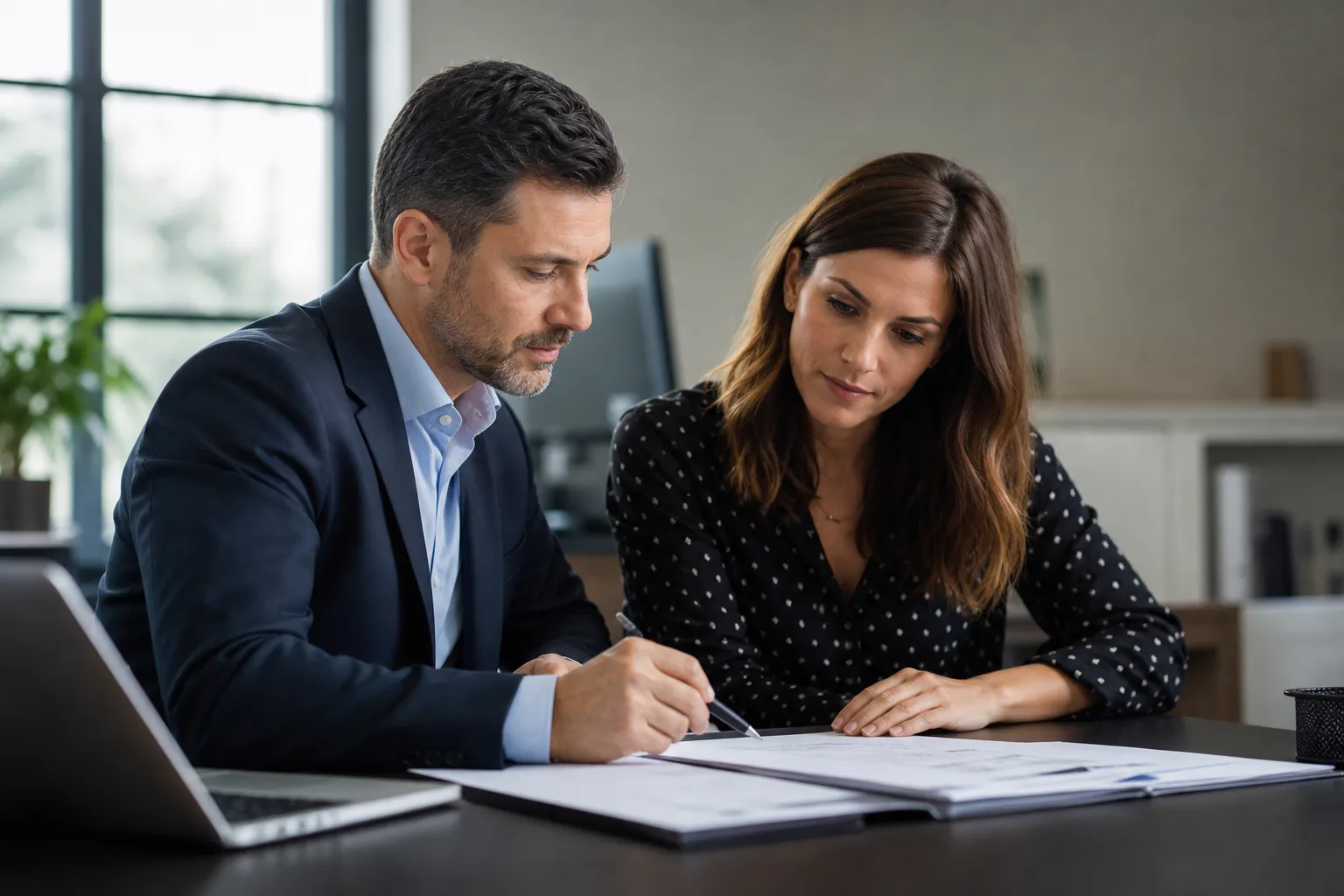 Une entrepreneure consulte un dossier de dépôt de marque sur son ordinateur portable dans un bureau moderne et lumineux.