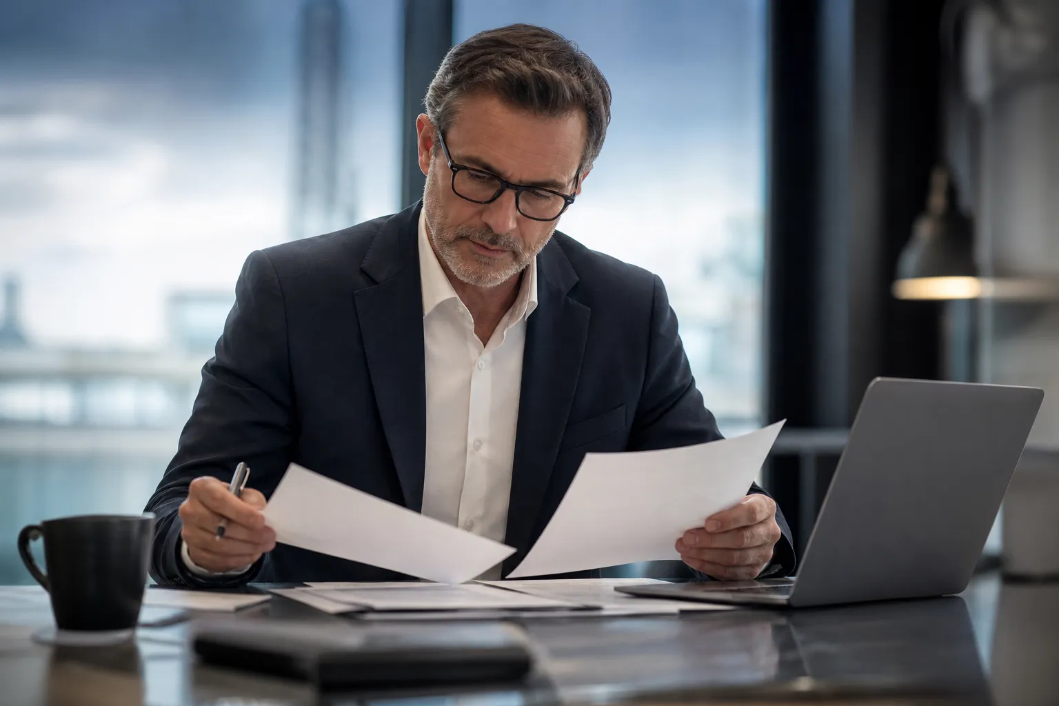 Un dirigeant en costume compare plusieurs contrats d’assurance papier à son bureau, un ordinateur portable ouvert à côté de lui.