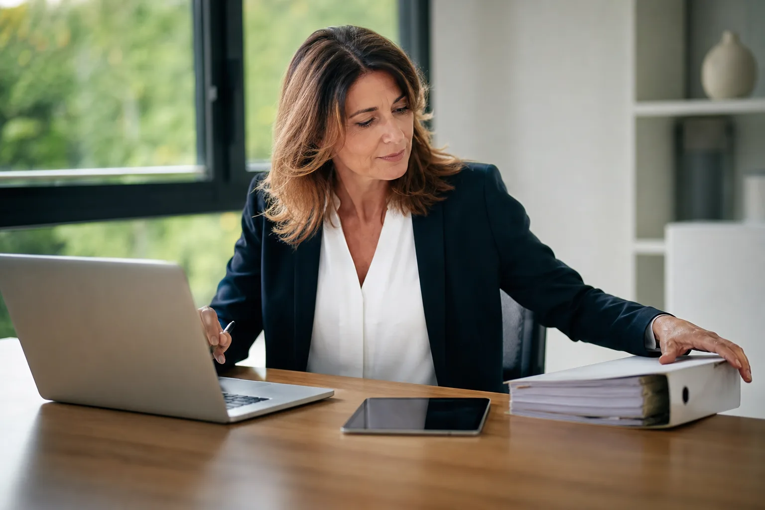 Dirigeante de petite entreprise vérifiant sa facturation sur un ordinateur portable et une tablette, dans un bureau lumineux.