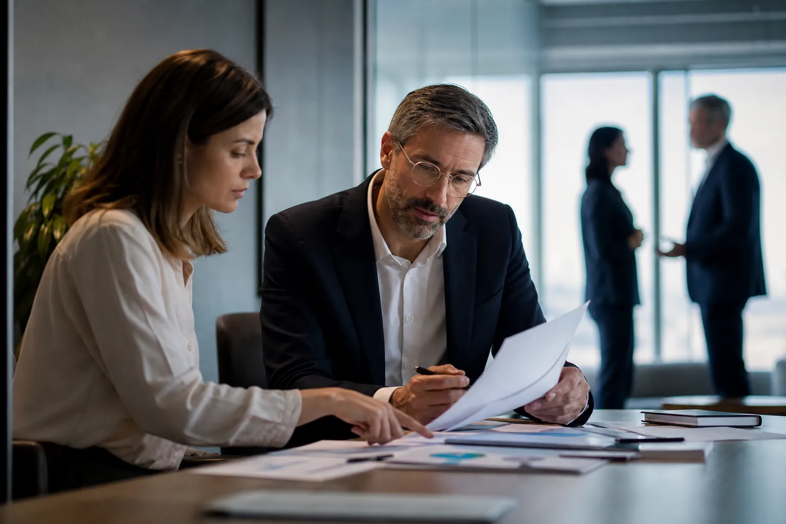 Une dirigeante de PME étudie un organigramme et des documents RH pour préparer le franchissement d'un seuil d'effectif.