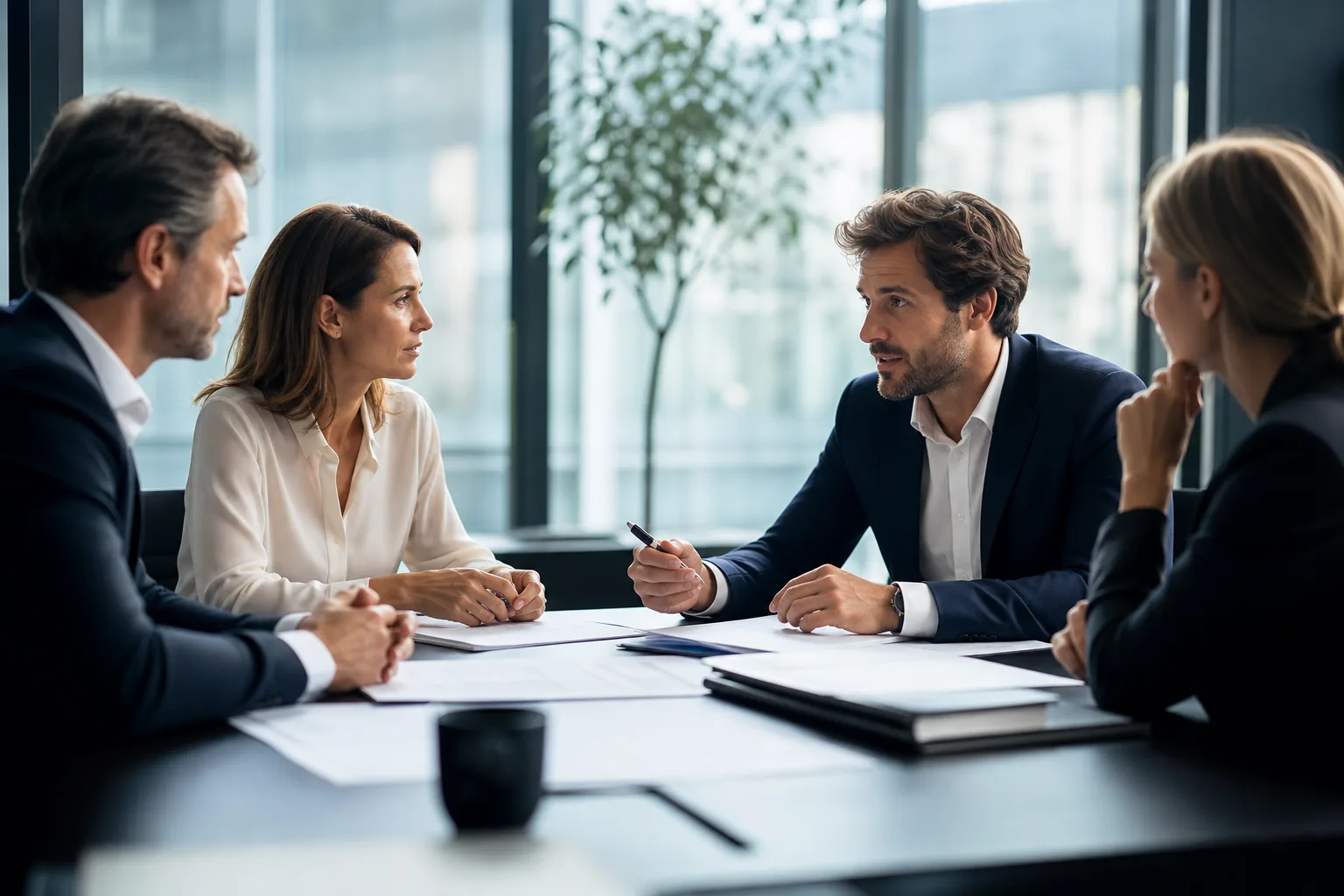 Deux personnes signent un contrat de cession d'entreprise dans un bureau, dossiers et stylo sur la table.