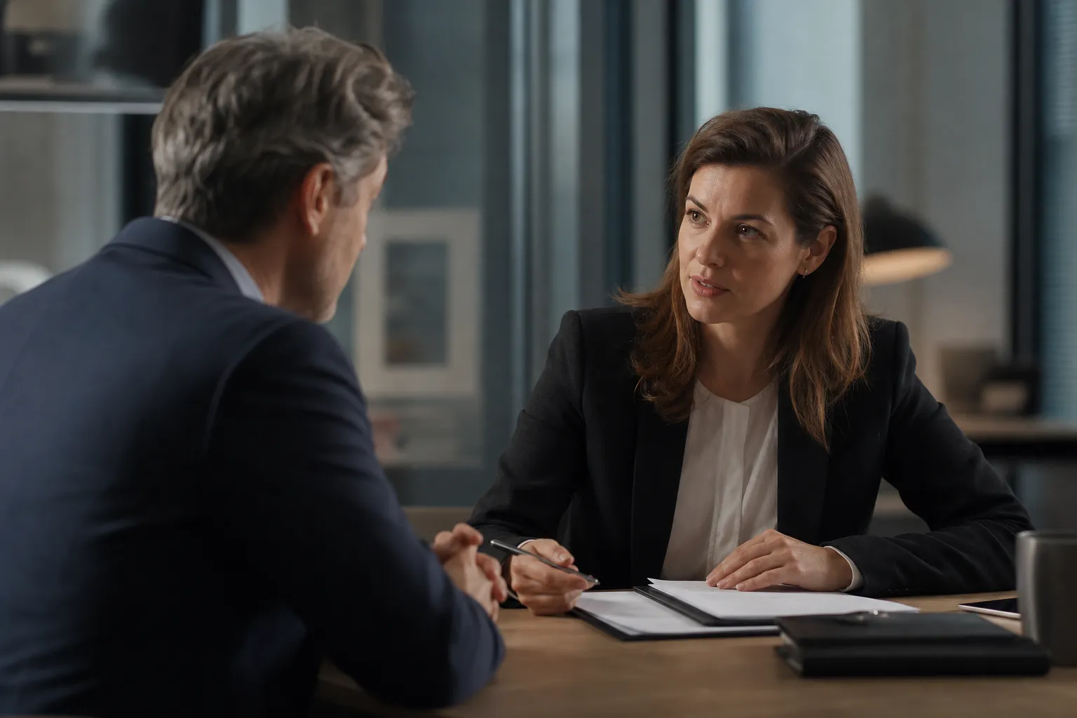 Un homme et une femme en tenue professionnelle discutant autour d'un dossier de contrat, dans un bureau moderne aux tons feutrés.
