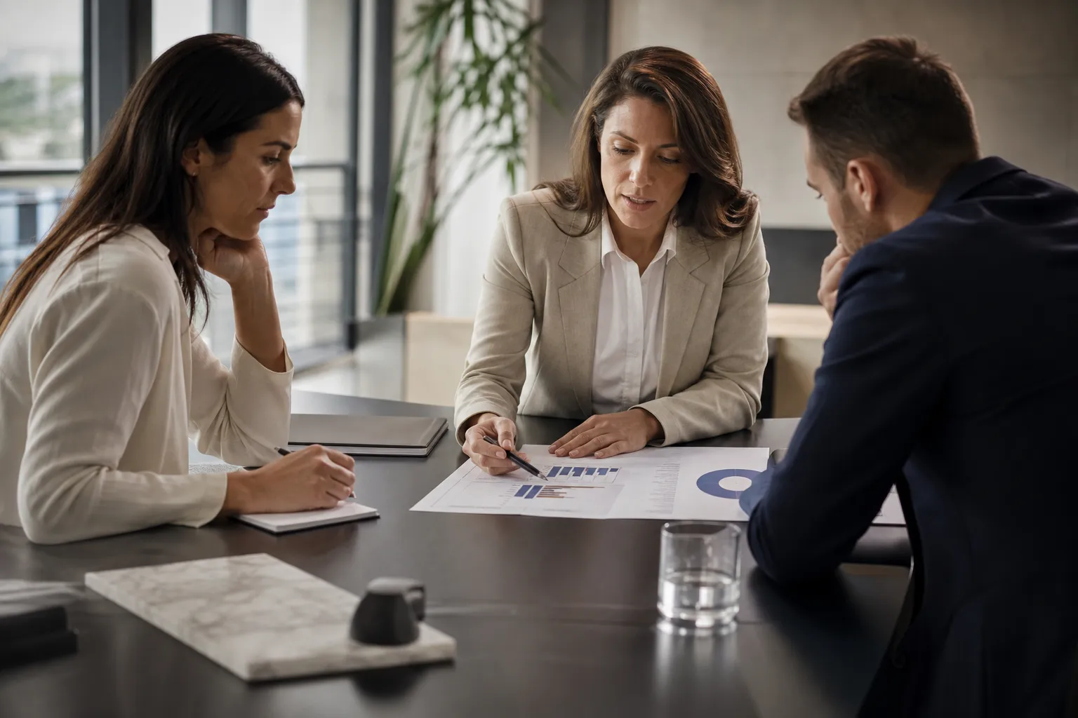 Une responsable RH présente un tableau d'indicateurs d'égalité salariale à des collaborateurs dans une salle de réunion.
