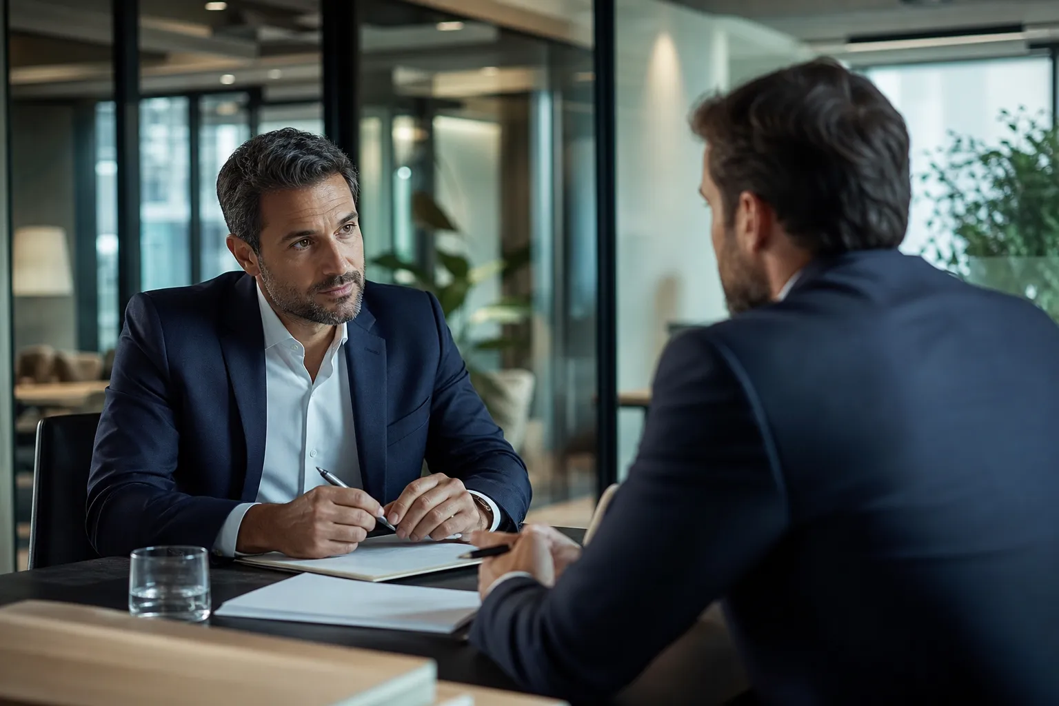 Le cédant et le repreneur d'une entreprise échangent une lettre d'intention avant de poursuivre les négociations, dans un bureau lumineux.