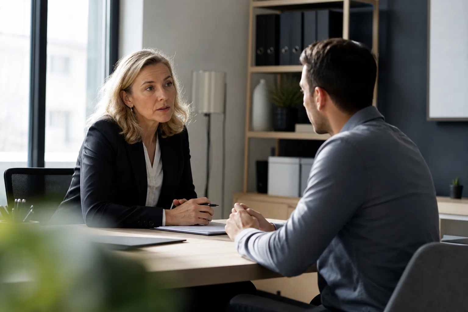 Un dirigeant échange avec un salarié dans un couloir de bureau lumineux, dossier à la main.