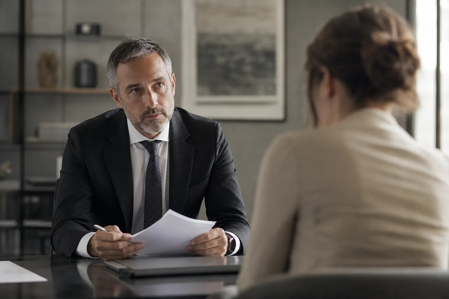 Bureau d'entreprise vide avec un badge d'accès posé sur une table, porte fermée à l'arrière-plan, ambiance sobre et feutrée.