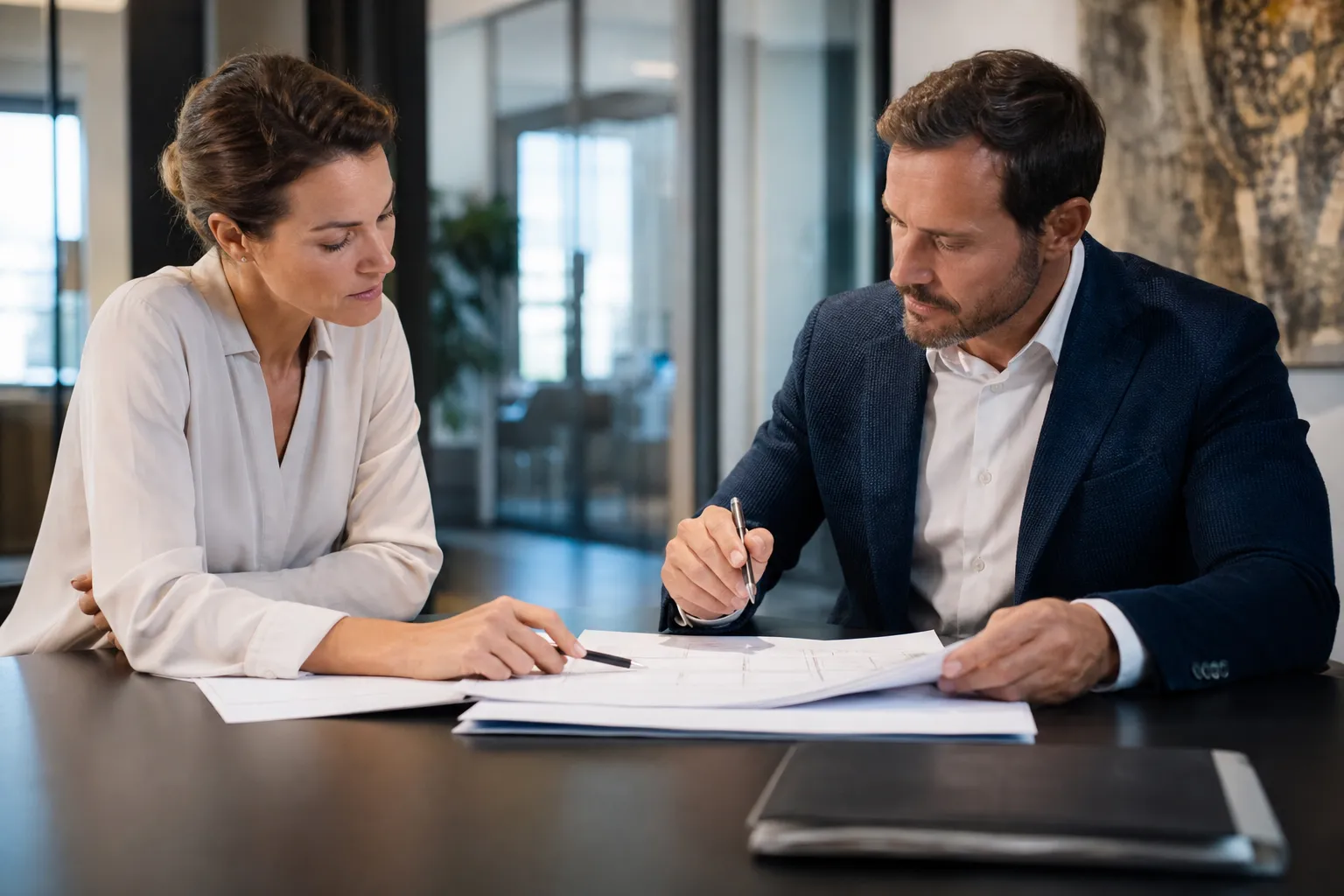 Un entrepreneur et une bailleuse discutent et pointent des clauses sur un contrat de bail commercial posé sur une table, dans un local professionnel vide.