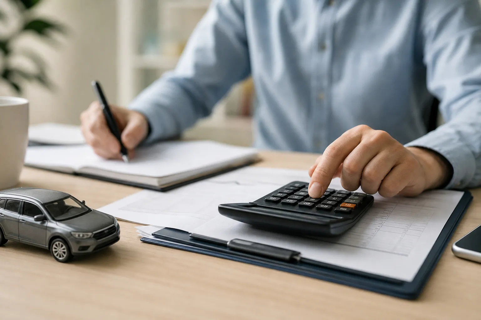 Une salariée remplit une note de frais et scanne des tickets de caisse sur son ordinateur portable, calculatrice à côté.