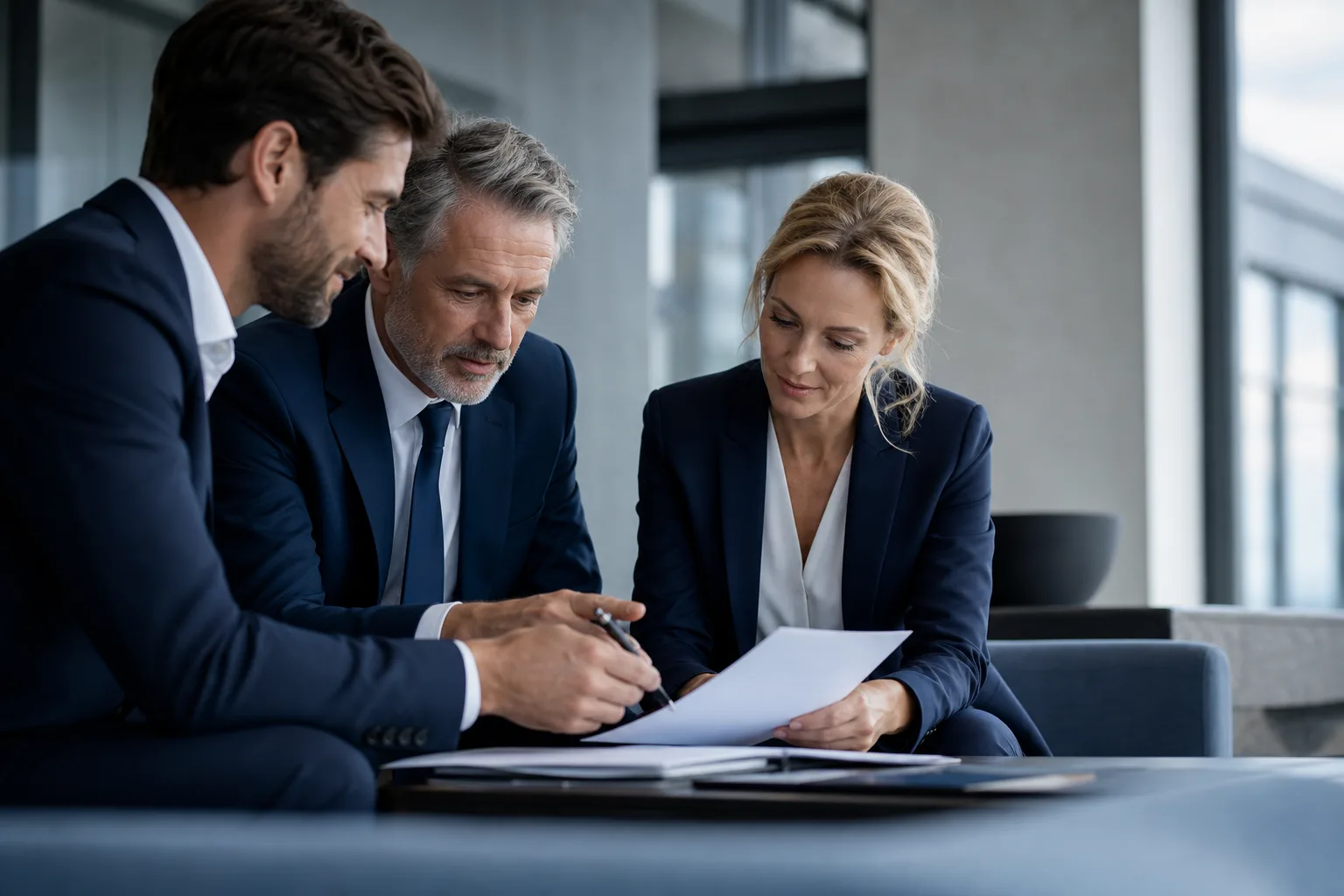 Un dirigeant senior et sa fille, future repreneuse, échangent des documents autour d'une table dans les bureaux de l'entreprise familiale.