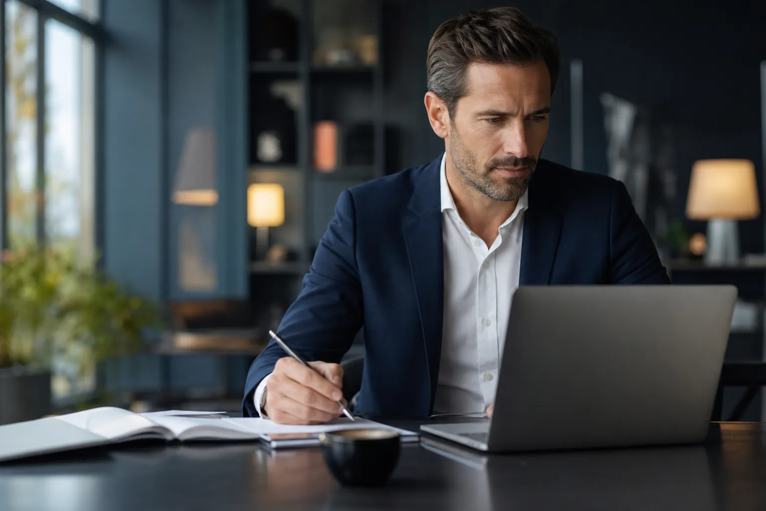 Un dirigeant d'entreprise consulte son plan d'épargne retraite avec son conseiller financier dans un bureau lumineux.