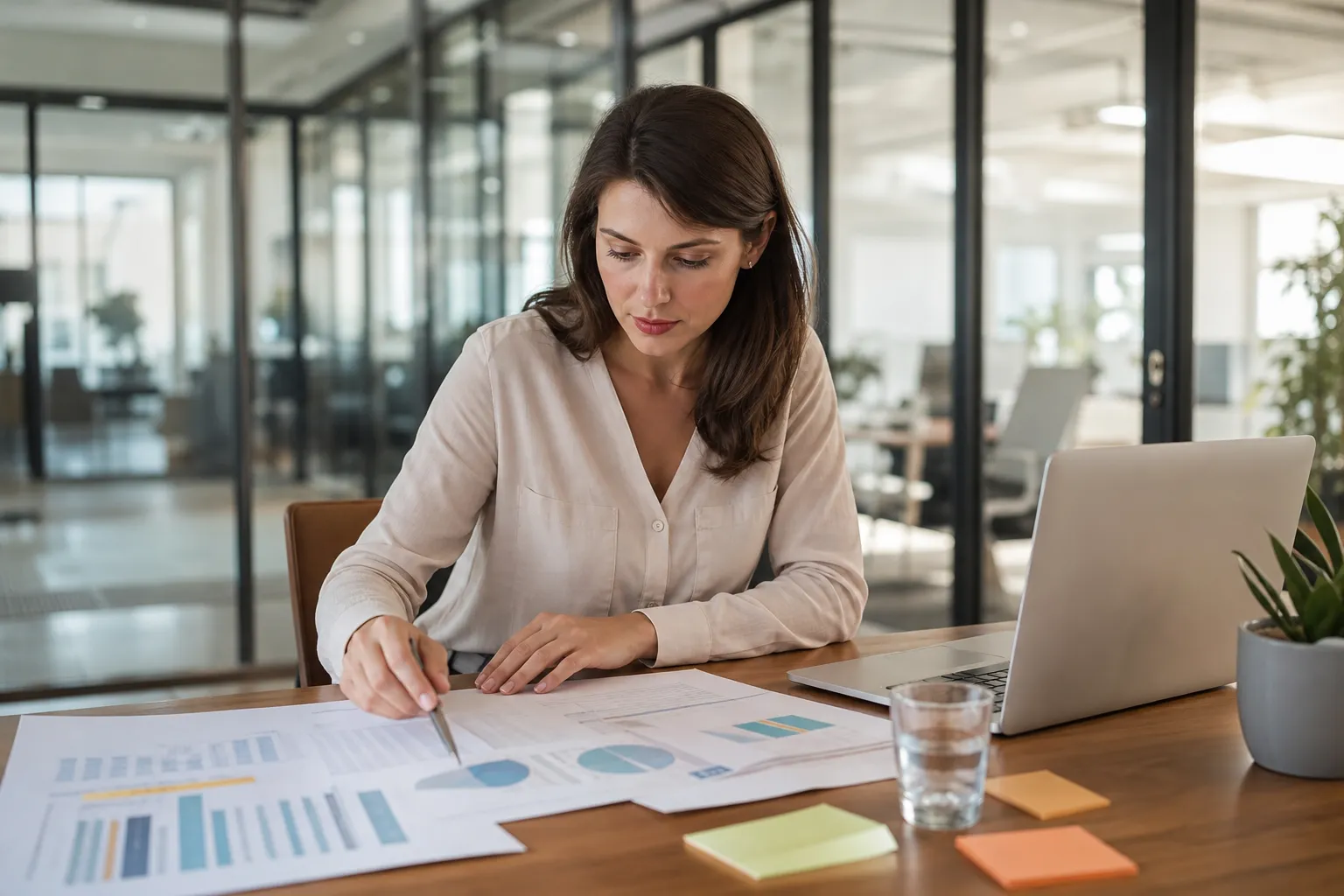 Un créateur d'entreprise construit son tableau prévisionnel financier sur un ordinateur, entouré de graphiques et de documents.