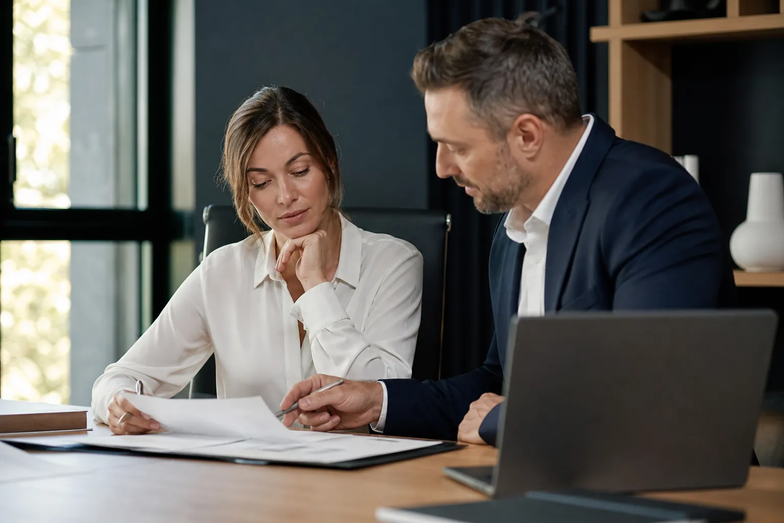 Une dirigeante de petite entreprise relit un document de conditions générales de vente à son bureau, stylo en main devant son ordinateur portable.