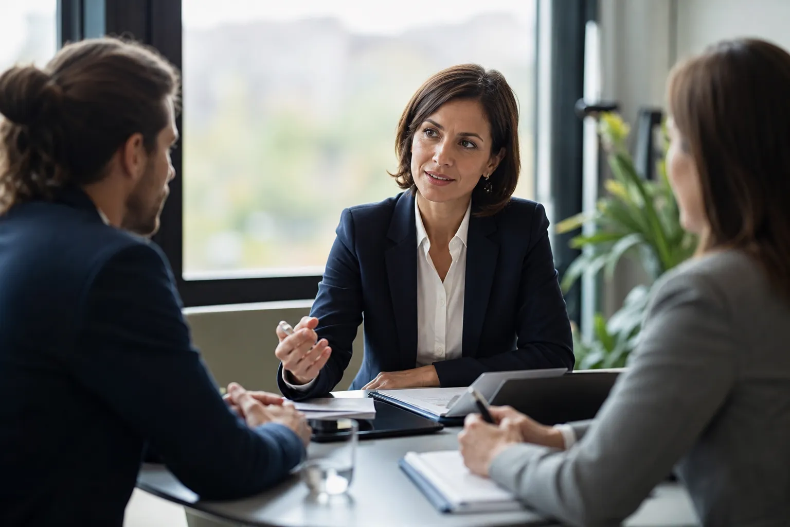 Un salarié consulte un contrat de travail avec un conseiller juridique, dans un bureau clair et moderne.