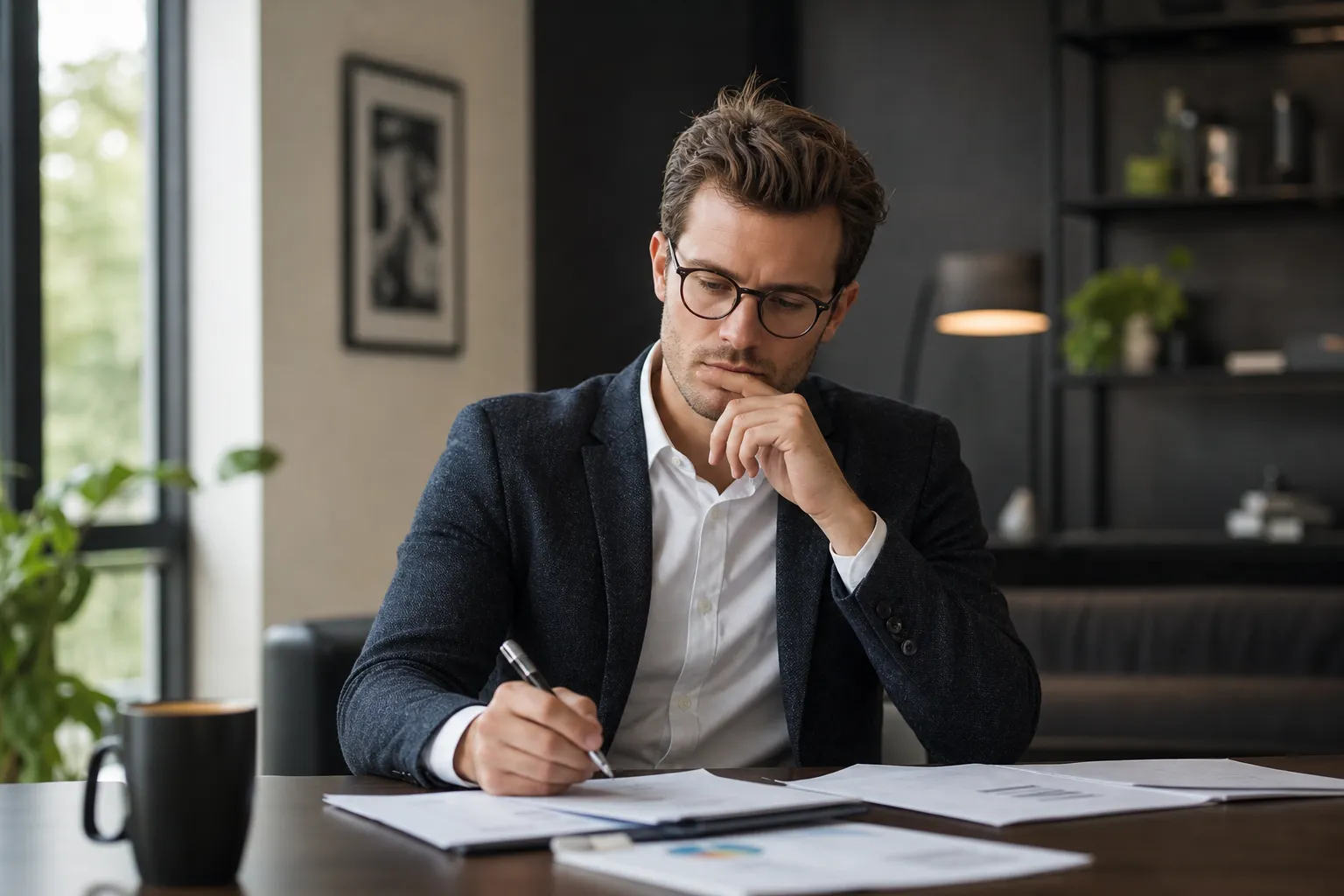 Un entrepreneur seul compare deux dossiers de statuts juridiques sur son bureau, ordinateur portable ouvert.