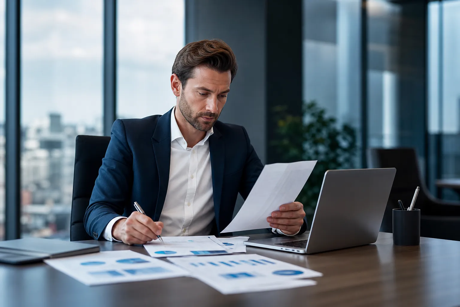 Un dirigeant de SASU consulte des documents financiers sur un bureau, calculatrice à la main.