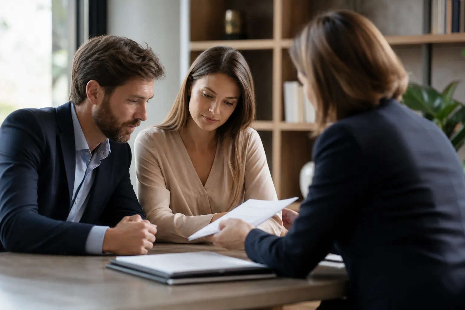 Un salarié et un responsable RH examinent ensemble un document de fin de contrat dans un bureau sobre et lumineux.