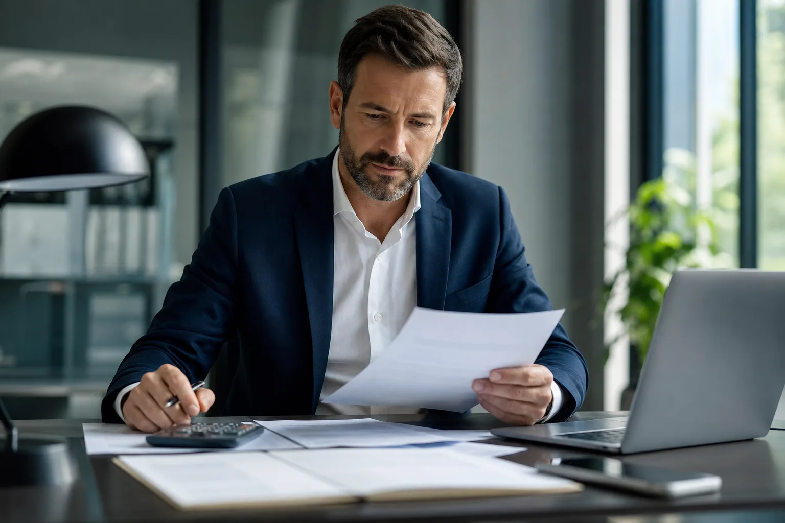 Un dirigeant d'entreprise de services examine ses factures et sa trésorerie sur un ordinateur portable, dans un bureau moderne.